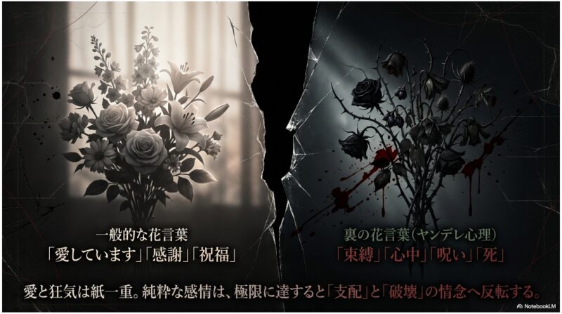 一般的な花言葉(愛しています等)と裏の花言葉(束縛、心中等)の対比を説明し、極限の感情が支配や破壊へ反転することを示すスライド画像