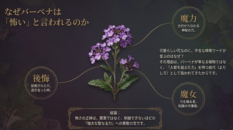 バーベナが人智を超えた依代として扱われ、強大な聖なる力への畏敬の念が怖さの正体であると説明するスライド。