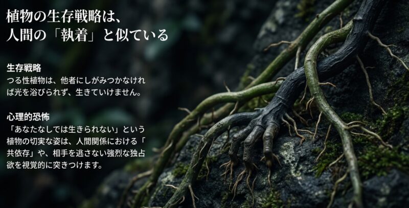 植物の生存戦略が人間の心理的恐怖と重なることを解説した図。つる性植物が光を求めて他者にしがみつく様子と、共依存や独占欲の関係性を対比させている。