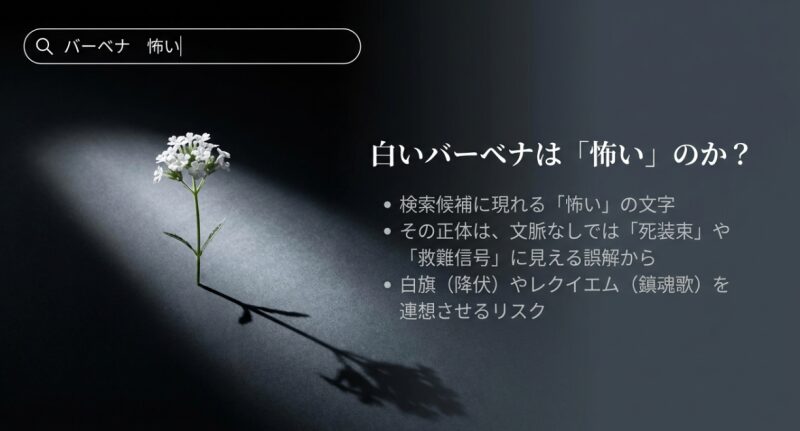「白いバーベナは怖いのか?」という問いかけ。文脈なしでは死装束や白旗(降伏)、レクイエムを連想させるリスクがあることを解説したスライド。