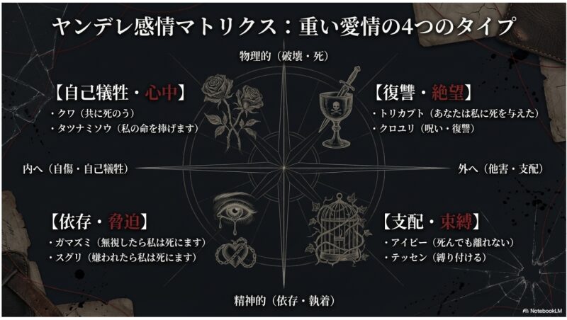重い愛情の4つのタイプ(自己犠牲・心中、復讐・絶望、依存・脅迫、支配・束縛)と、それぞれに対応する植物(クワ、トリカブト、ガマズミ、アイビー等)を分類したマトリクス図のスライド画像