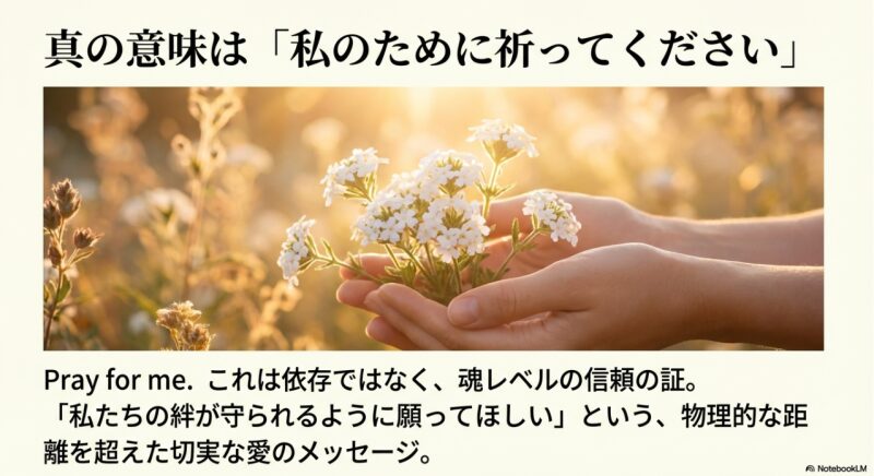 夕日の中にある白いバーベナの花と、「Pray for me」というテキスト。依存ではなく魂レベルの信頼の証であり、切実な愛のメッセージであることを説明している。