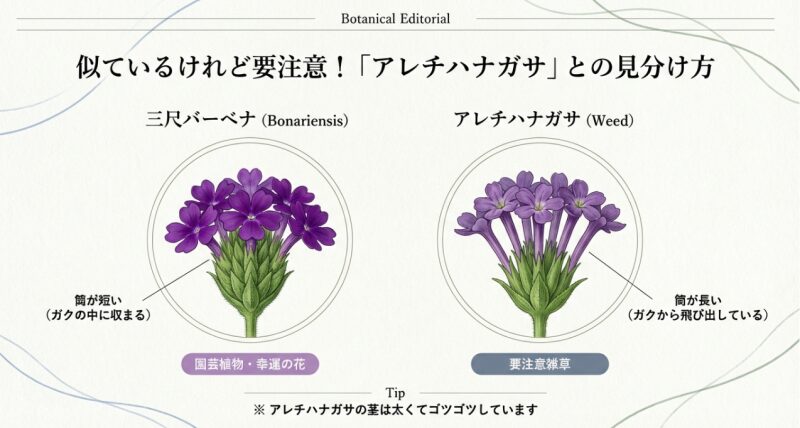 バーベナ・ボナリエンシスと雑草のアレチハナガサの花筒(かとう)の長さや茎の違いを比較した図解チャート
