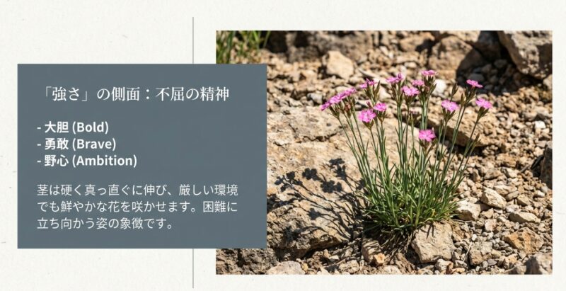 困難に立ち向かう象徴として、厳しい環境でも鮮やかな花を咲かせ、真っ直ぐに伸びるセキチク