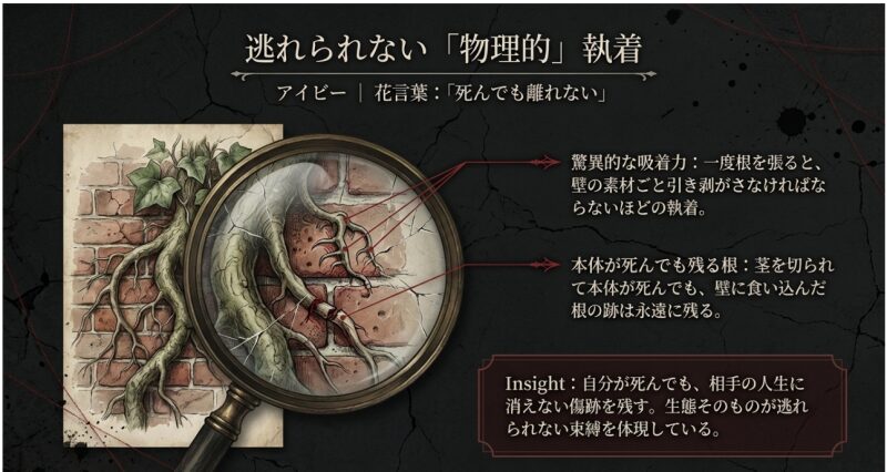 花言葉「死んでも離れない」を持つアイビーの驚異的な吸着力と、死んでも残る根が象徴する永遠の束縛について解説したスライド画像