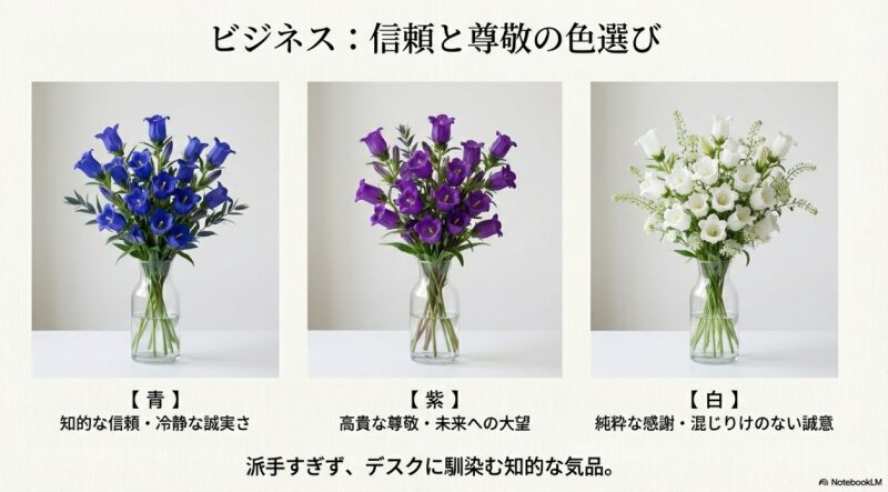 青、紫、白のカンパニュラの花瓶差しの画像。白は「純粋な感謝」、青は「知的な信頼」、紫は「高貴な尊敬」を意味し、ビジネスデスクに馴染む気品があることを説明。