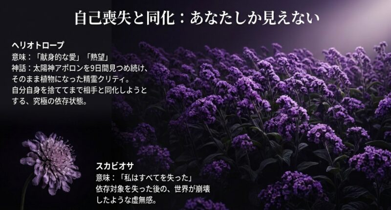 紫色の花の写真。ヘリオトロープの「献身的な愛（自己喪失）」とスカビオサの「すべてを失った（虚無感）」という、ヤンデレ的な花言葉を紹介する資料。