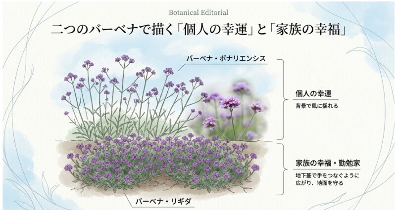 背の高いボナリエンシス(個人の幸運)と背の低いリギダ(家族の幸福)の植栽イメージと花言葉の対比イラスト