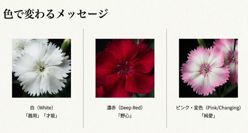 器用や才能を表す白、野心を表す濃赤、純愛を表すピンクなど、色によって変わるセキチクの花言葉