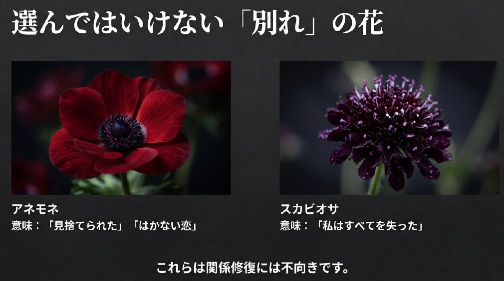 関係修復に選んではいけない別れの花。「見捨てられた」を意味する赤いアネモネと、「私はすべてを失った」を意味する黒紫のスカビオサの写真。