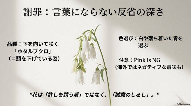 白いホタルブクロが頭を下げて咲いている画像。頭を下げる姿に見える「ホタルブクロ」という品種を選ぶこと、ピンクは避けること、花は「誠意のしるし」として贈るという注意点。