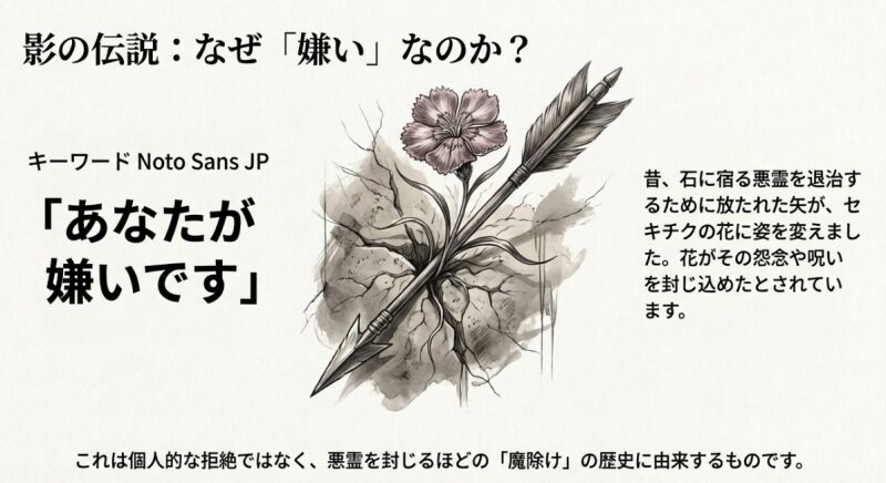 石に宿る悪霊を退治するために放たれた矢がセキチクに姿を変えたという伝説を描いたイラスト