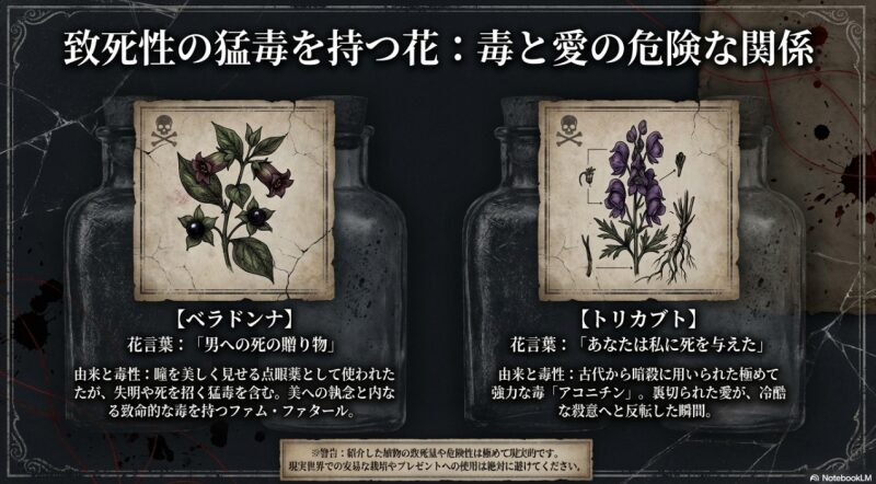 猛毒を持つベラドンナ(男への死の贈り物)とトリカブト(あなたは私に死を与えた)の由来と毒性、愛と殺意の反転について解説したスライド画像