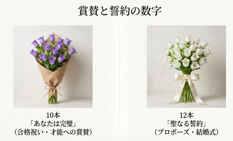 紫色と白色のカンパニュラそれぞれの花束の画像。10本は「あなたは完璧（賞賛）」、12本は「聖なる誓約（プロポーズ・結婚式）」を意味するという解説。