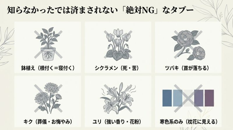 快気祝いで絶対NGなタブーの花リスト。鉢植え（根付く）、シクラメン（死・苦）、ツバキ（首が落ちる）、キク、ユリ、寒色系のみの禁止理由を図解。