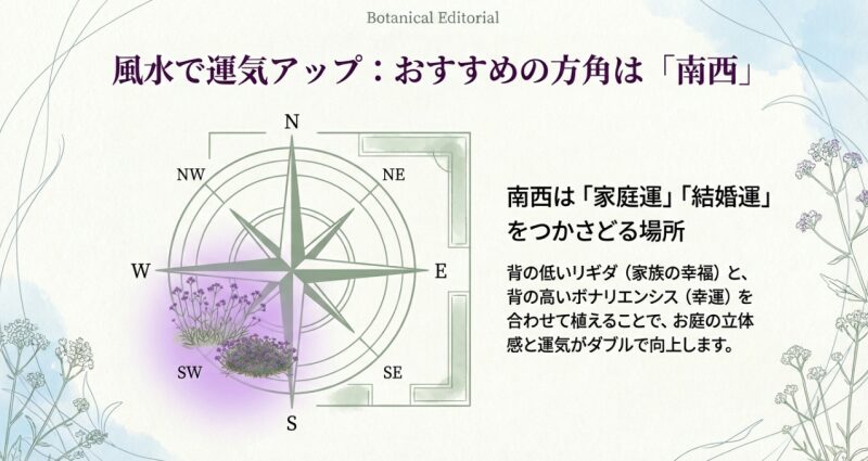 風水における南西の方角とバーベナの配置による運気アップ効果を示したコンパスのイラスト