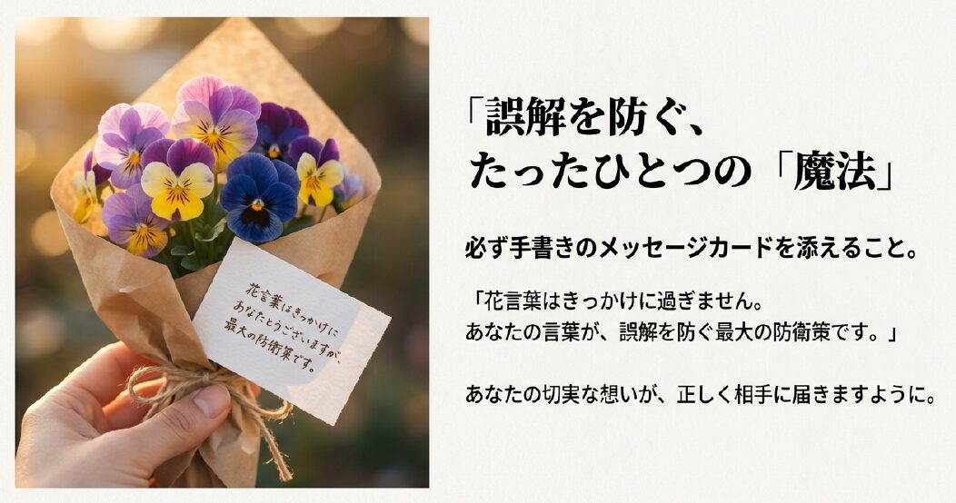 誤解を防ぐたったひとつの魔法は、必ず手書きのメッセージカードを添えること。花言葉はきっかけに過ぎず、あなたの言葉が誤解を防ぐ最大の防衛策です。パンジーの花束に手紙が添えられた写真。