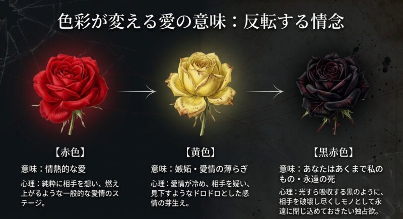 バラの色(赤:情熱的な愛、黄:嫉妬・愛情の薄らぎ、黒赤:あなたはあくまで私のもの)によって愛情のステージが独占欲へ反転する様子を解説したスライド画像