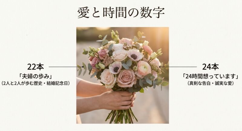 ピンク系の花束を抱える手の画像。22本は「夫婦の歩み（結婚記念日）」、24本は「24時間想っています（誠実な愛）」を意味するという解説。