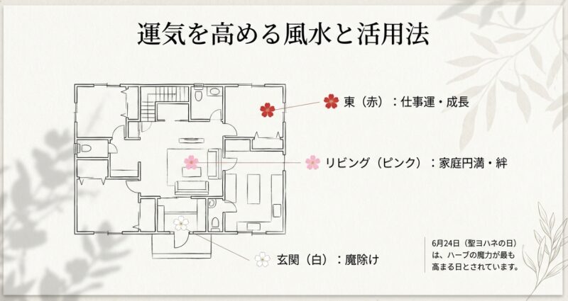運気を高める風水と活用法。東に赤で仕事運、リビングにピンクで家庭円満、玄関に白で魔除け。6月24日は聖ヨハネの日