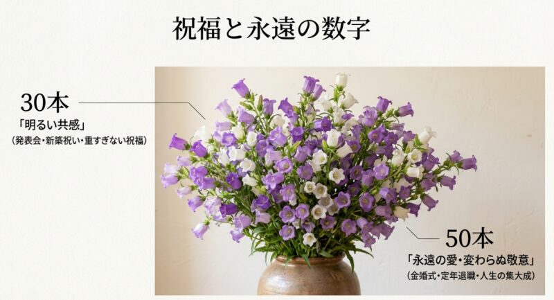 30本は「明るい共感（発表会や新築祝い）」、50本は「永遠の愛・変わらぬ敬意（金婚式や定年退職）」を意味することを示すテキストスライド。