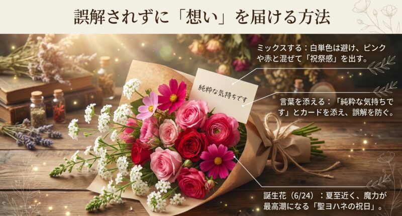 白単色を避けてミックスする、メッセージカードを添える、6月24日の誕生花として贈るなど、バーベナを贈る際の実践的なアドバイス。