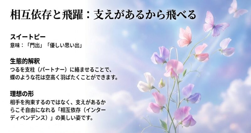 スイートピーの生態的解釈。支え（パートナー）があるからこそ自由に羽ばたけるという「相互依存（インターディペンデンス）」の理想形を示したスライド。