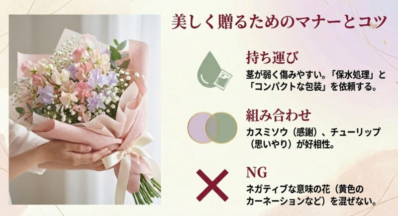 スイートピーを持ち運ぶ際の保水処理の重要性や、カスミソウなど相性の良い花の組み合わせとNGマナーの解説。