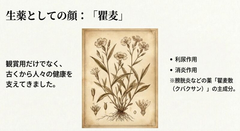 膀胱炎などの薬である瞿麦散の主成分として古くから人々の健康を支えてきた生薬としてのセキチク