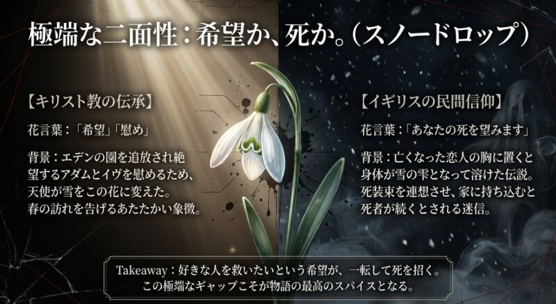キリスト教の伝承(希望・慰め)とイギリスの民間信仰(あなたの死を望みます)という、スノードロップが持つ極端な意味のギャップを解説したスライド画像