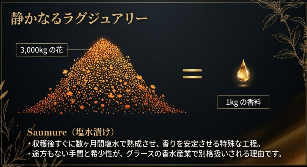 3000kgの花からわずか1kgしか採れない金木犀の香料と塩水漬けの工程