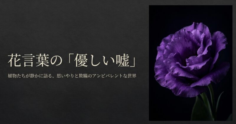 紫色のトルコキキョウと、植物たちが静かに語る思いやりと欺瞞のアンビバレントな世界を示すタイトル