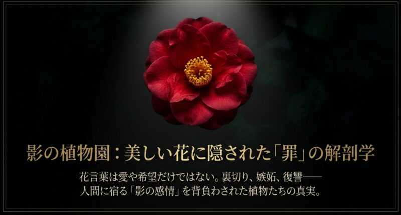 影の植物園：美しい花に隠された「罪」の解剖学と題された、花言葉の裏の感情を示すタイトル画像