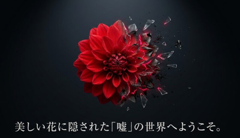 粉々に砕け散る赤いダリアのCGアート。美しい花に隠された嘘や裏切りの世界を象徴するイメージ。