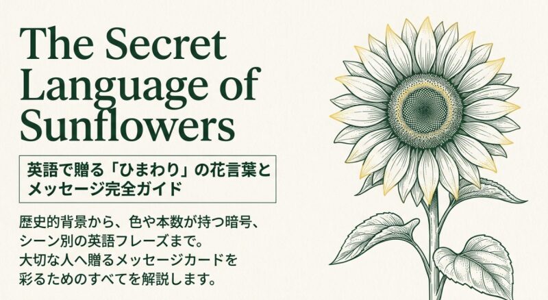 緻密なタッチで描かれた一輪のひまわりのイラストと、「The Secret Language of Sunflowers」というタイトルが書かれた表紙スライド