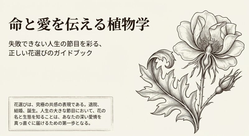命と愛を伝える植物学をテーマにした、失敗できない人生の節目を彩る正しい花選びのガイドブックの表紙。美しい花の精緻な線画イラスト。