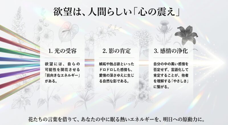 欲望は人間らしい心の震え。光の受容、影の肯定、感情の浄化を通じて、自分の中にある熱いエネルギーを明日への原動力に