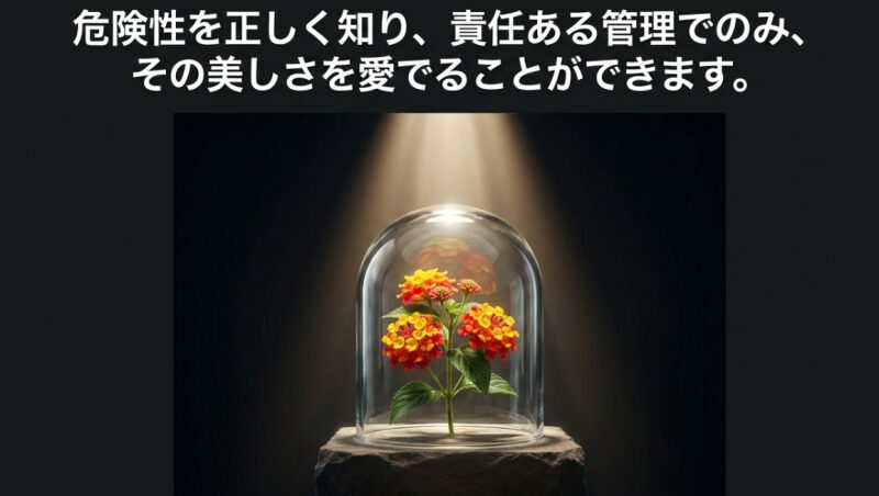 ガラスドームの中で安全に管理されているランタナのイラストと、危険性を知り責任ある管理のもとで楽しむことへのメッセージ