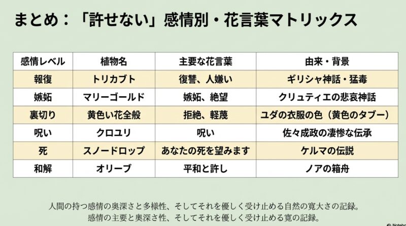 感情レベル別に植物名と主要な花言葉、由来を一覧表にしたまとめのマトリックス図。