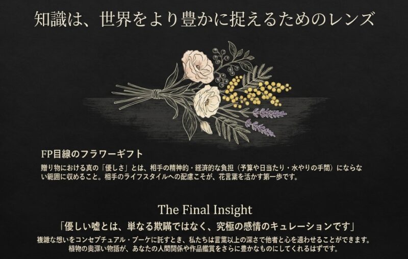 知識をレンズとして捉える概念と、FP目線のフラワーギフトの提案を添えた花束のイラスト 