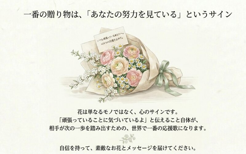 「いつも頑張っているあなたへ」という心からの応援を込めたメッセージカードが添えられた、美しい花束のイラスト