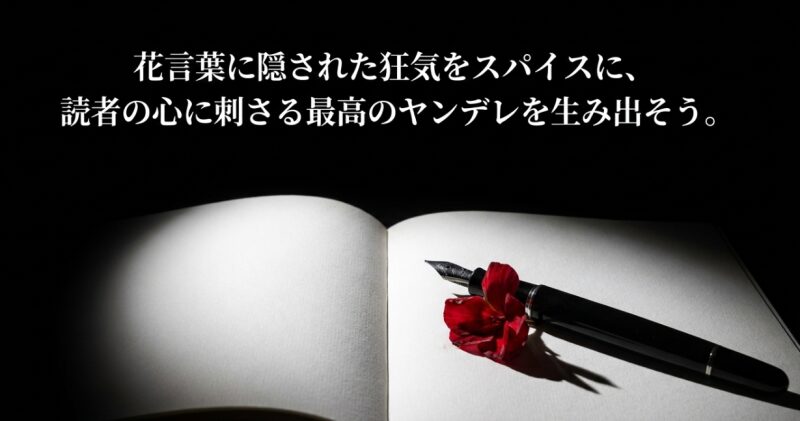 「花言葉に隠された狂気をスパイスに、読者の心に刺さる最高のヤンデレを生み出そう。」と書かれた結びのメッセージスライド。