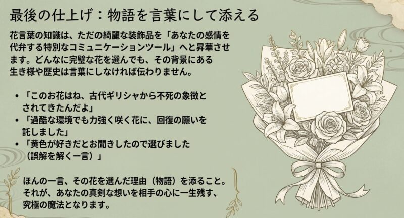 完璧な花選びの最後の仕上げとして、花を選んだ理由や物語を言葉にして添えることの重要性を説いたスライド。メッセージカードが添えられた美しい花束のイラスト。