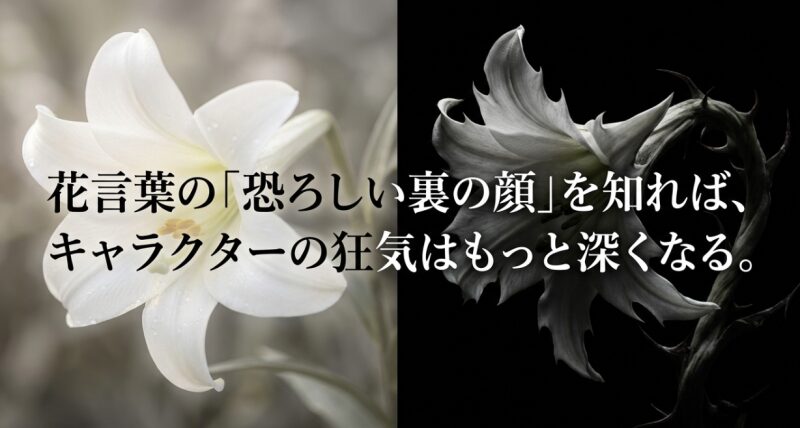 「花言葉の『恐ろしい裏の顔』を知れば、キャラクターの狂気はもっと深くなる。」と書かれたメッセージスライド。
