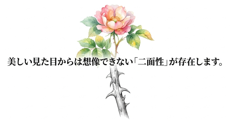 水彩画風に描かれた可憐な野薔薇の花と鋭いトゲ。美しい見た目からは想像できない二面性が存在することを表現したイラスト。