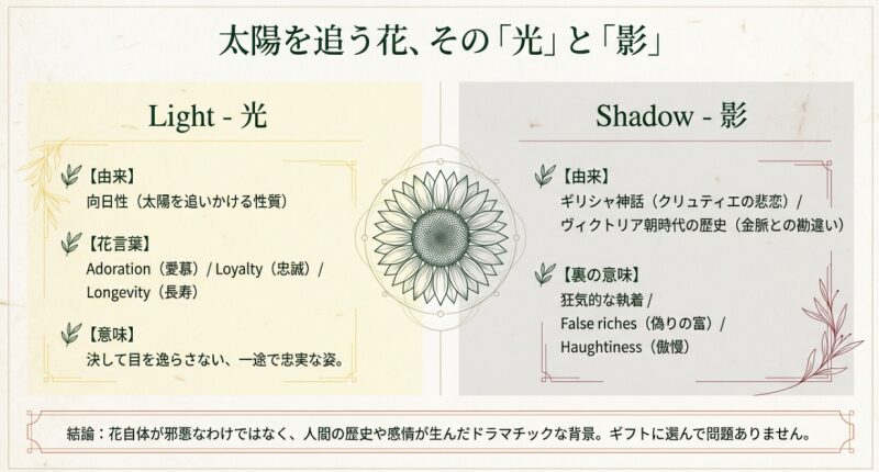 ひまわりの花言葉の由来となる「向日性」や、ギリシャ神話・ヴィクトリア朝時代の歴史的背景による光と影の裏の意味を解説したスライド