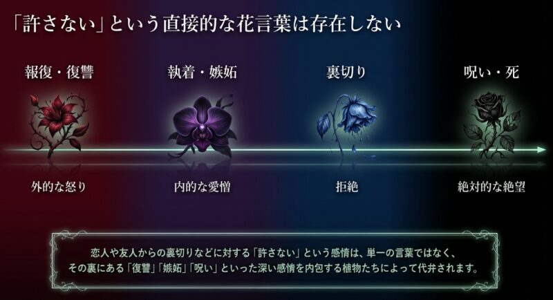 「許さない」という感情を代弁する植物の分類(報復、執着、裏切り、呪い、死など)を示すスライド