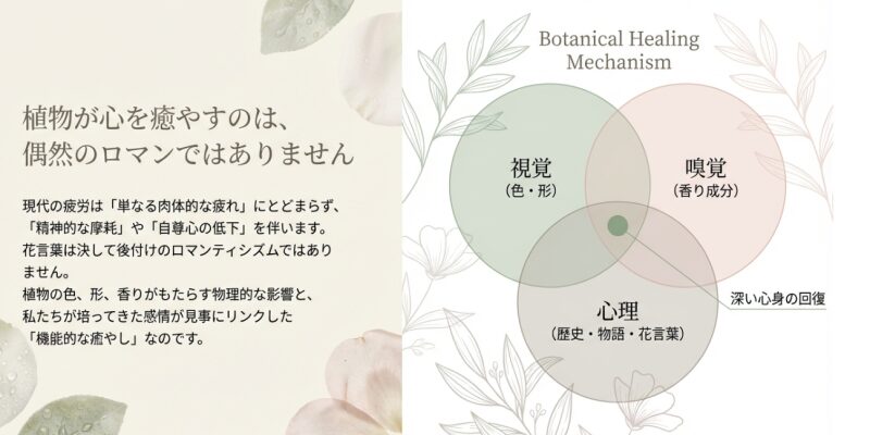 視覚・嗅覚・心理の3方向から深い心身の回復をもたらすボタニカルヒーリングのメカニズム