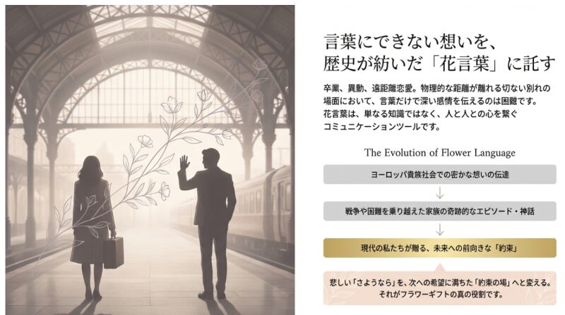 駅のホームで別れを惜しむ男女のシルエットと、花言葉の歴史的変遷（ヨーロッパ貴族社会から現代の約束まで）を示す図解