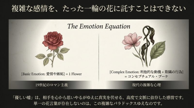 19世紀のロマン主義における単一の感情表現と、複雑な感情をコンセプチュアル・ブーケで表現する図式